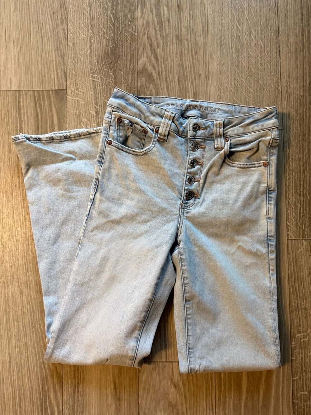 American Eagle Next Level Stretch Flare Jeans Light Wash Distressed